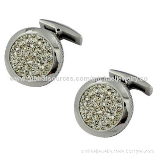 Stainless Steel Cufflinks with White Crystal PP Stones, Fashion, The Side is Mesh